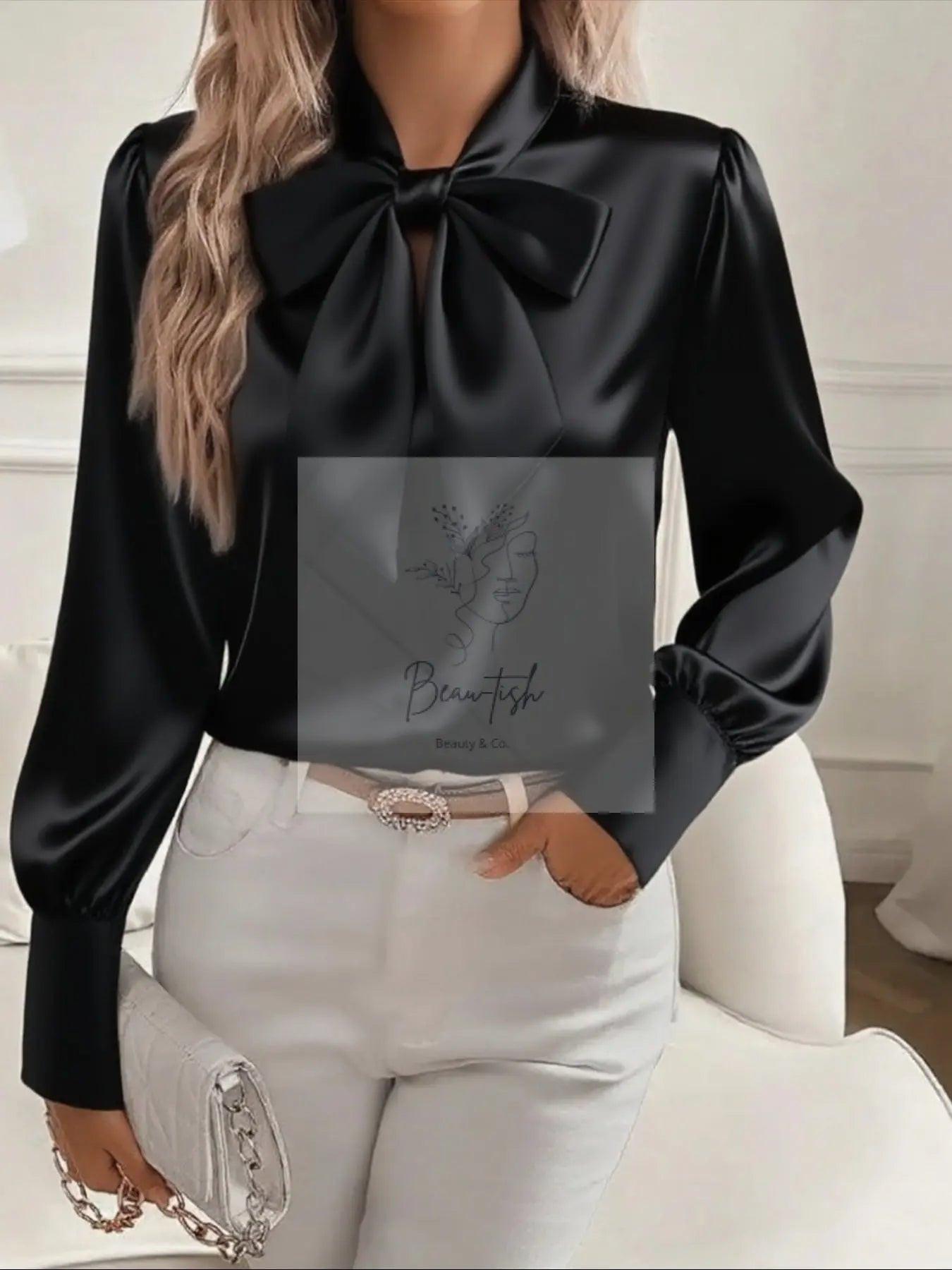 Satin Bow Tie Long Sleeve Top