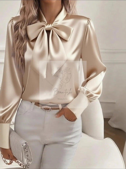 Satin Bow Tie Long Sleeve Top