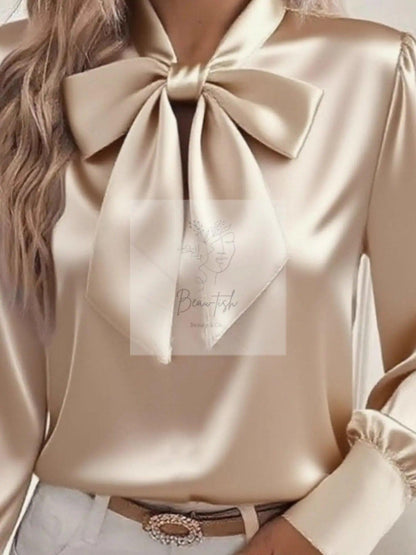 Satin Bow Tie Long Sleeve Top