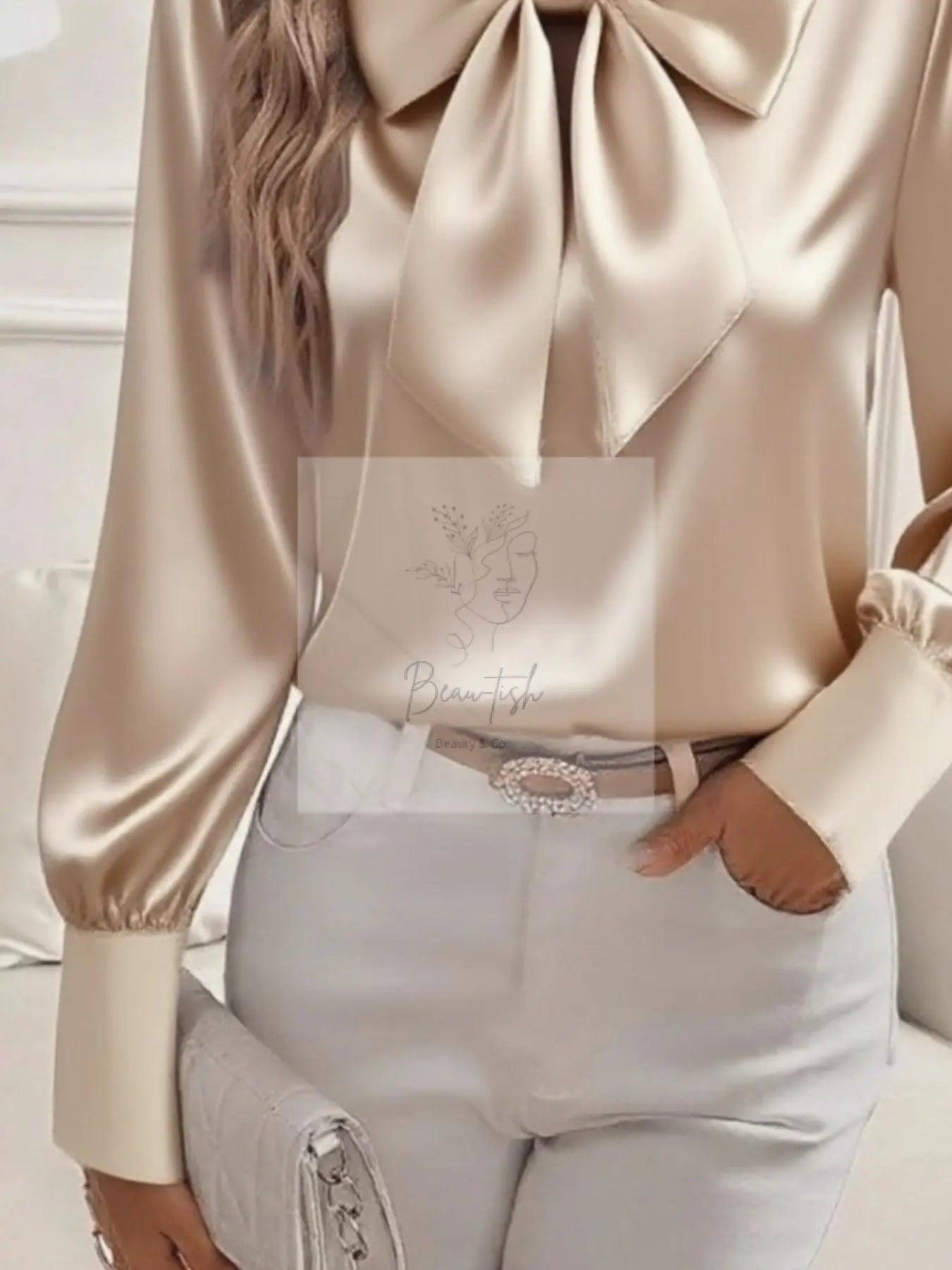 Satin Bow Tie Long Sleeve Top
