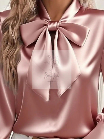 Satin Bow Tie Long Sleeve Top