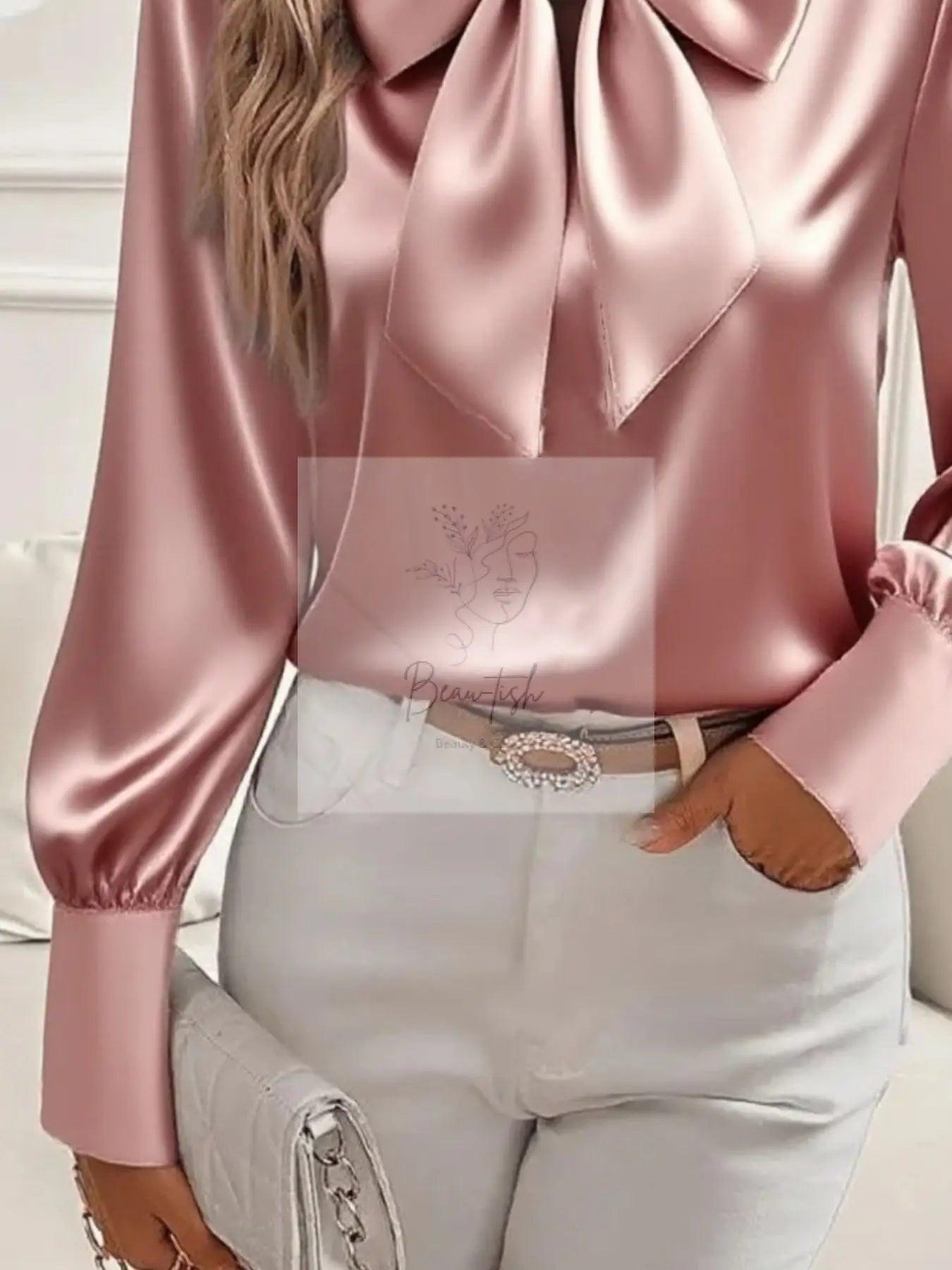 Satin Bow Tie Long Sleeve Top