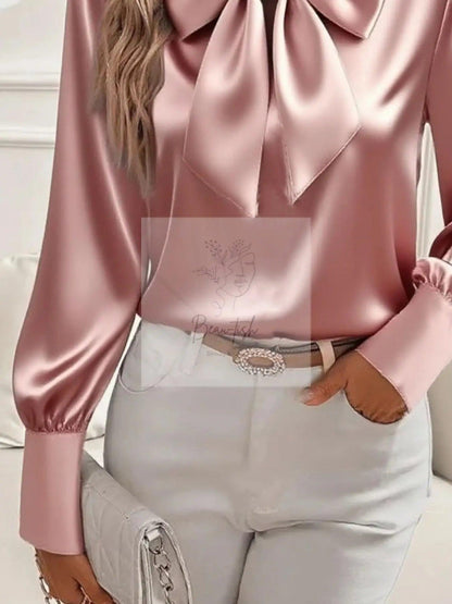 Satin Bow Tie Long Sleeve Top