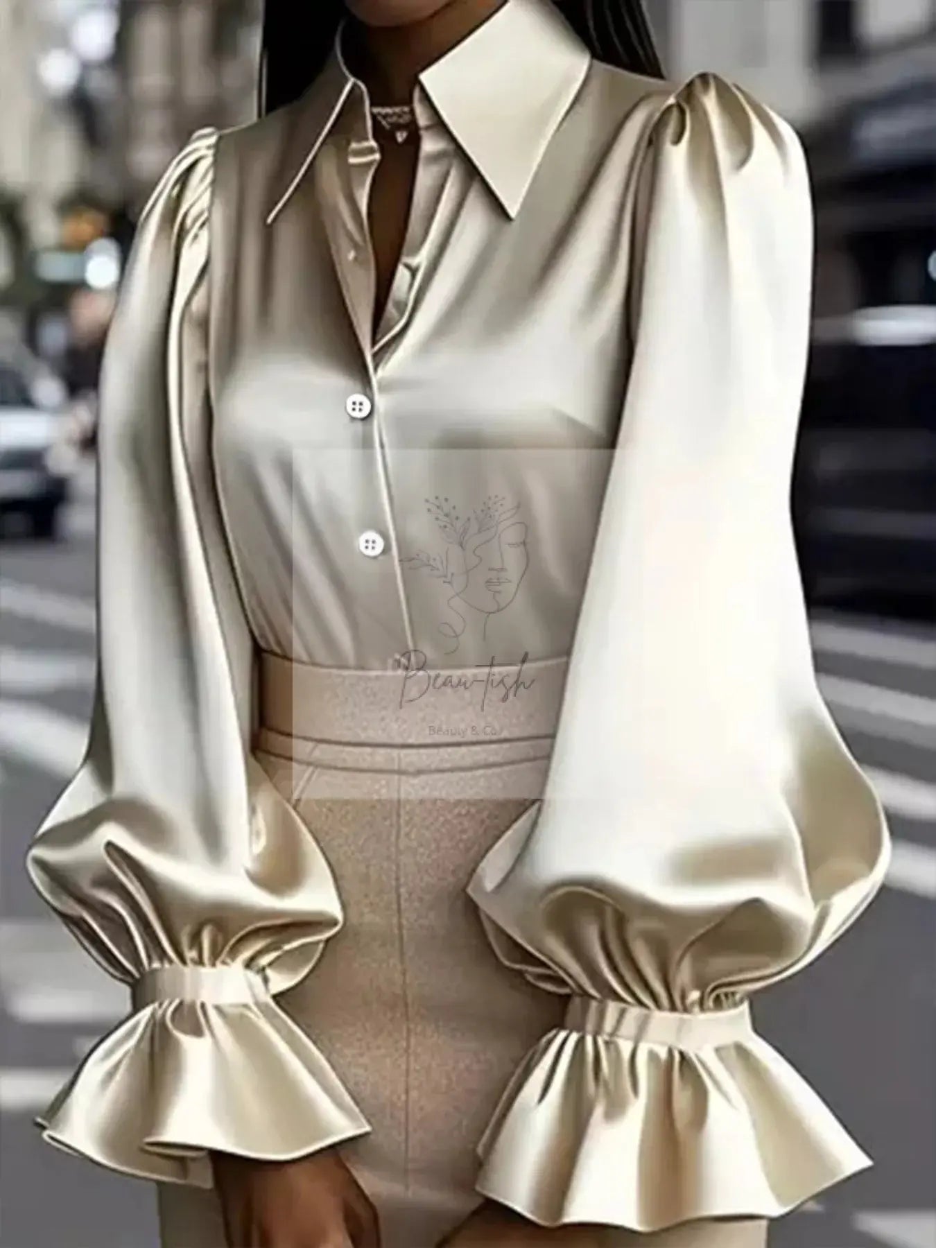 Satin Button Up Flounce Sleeve Shirt