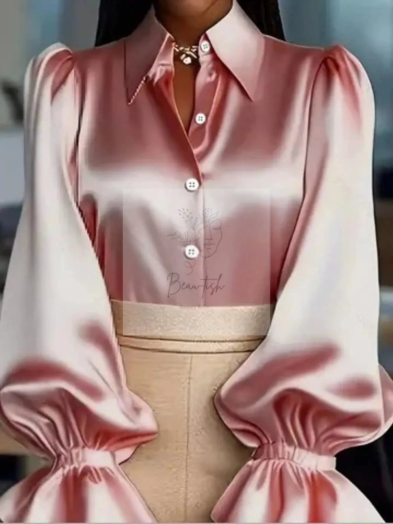 Satin Button Up Flounce Sleeve Shirt