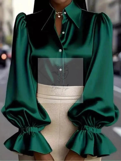 Satin Button Up Flounce Sleeve Shirt