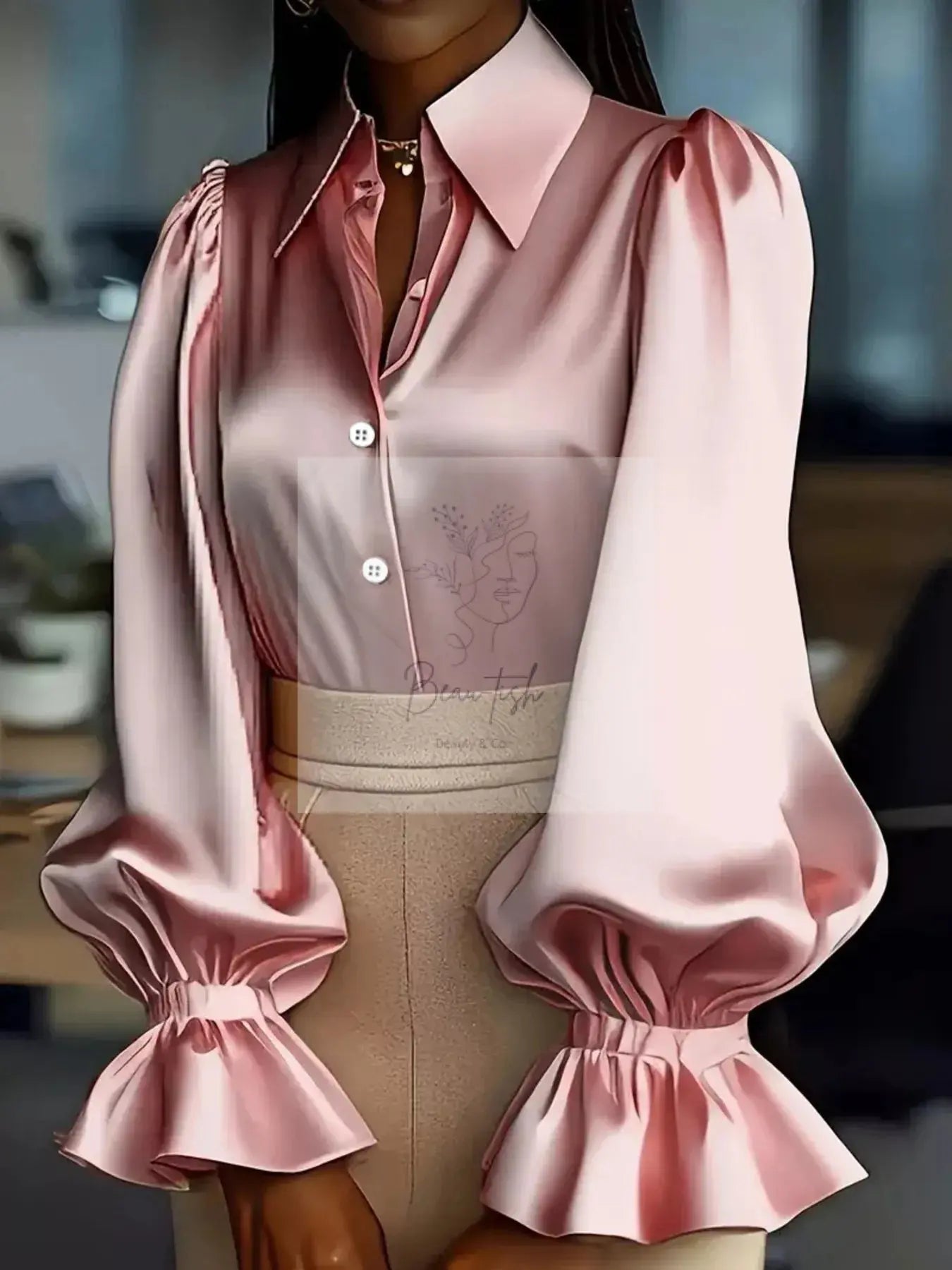 Satin Button Up Flounce Sleeve Shirt