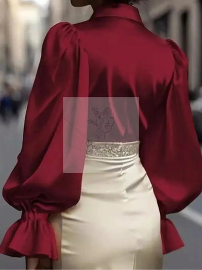 Satin Button Up Flounce Sleeve Shirt