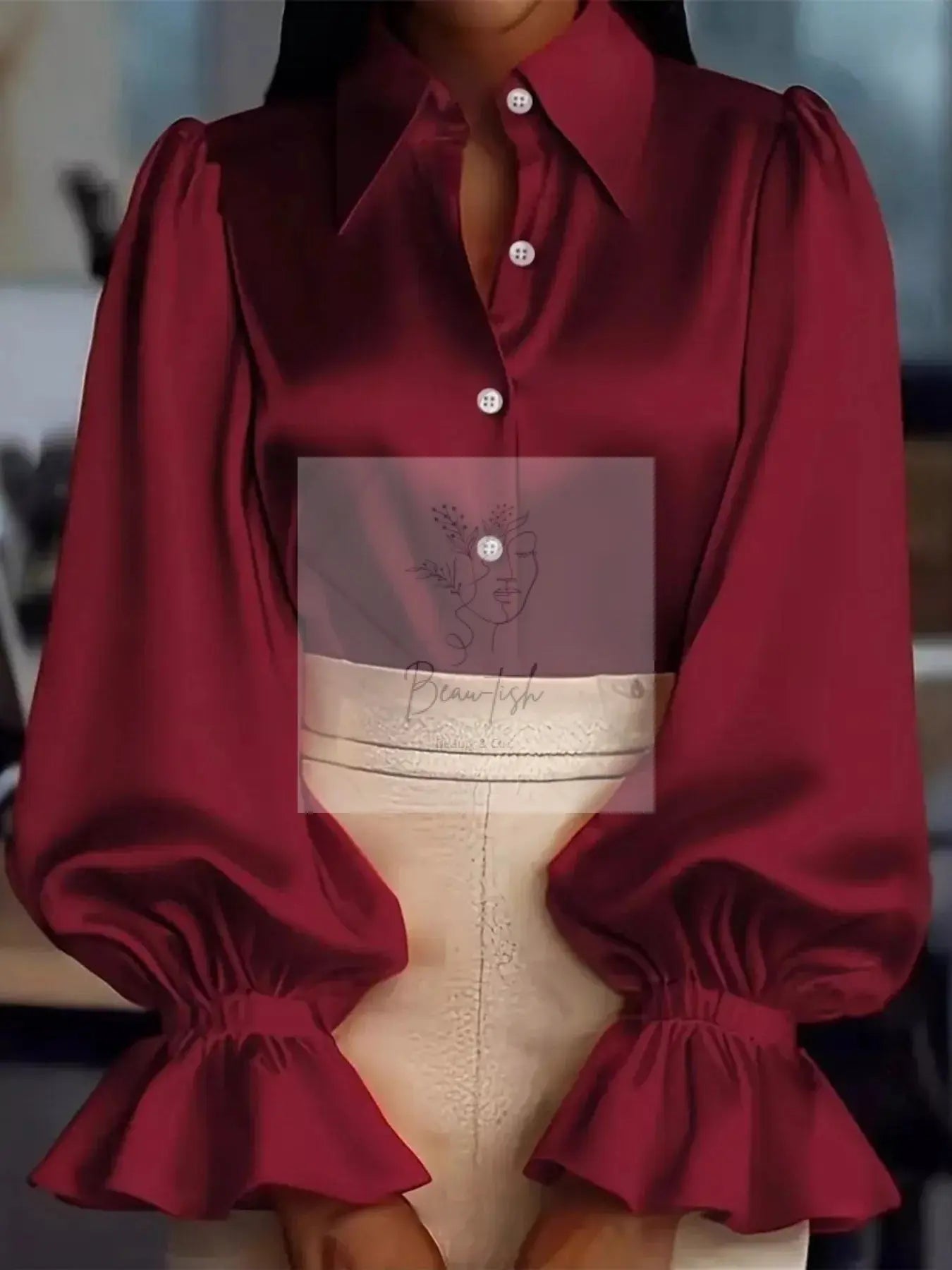 Satin Button Up Flounce Sleeve Shirt