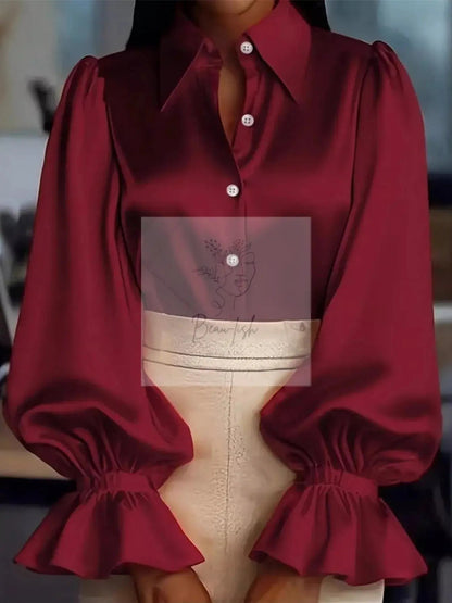 Satin Button Up Flounce Sleeve Shirt