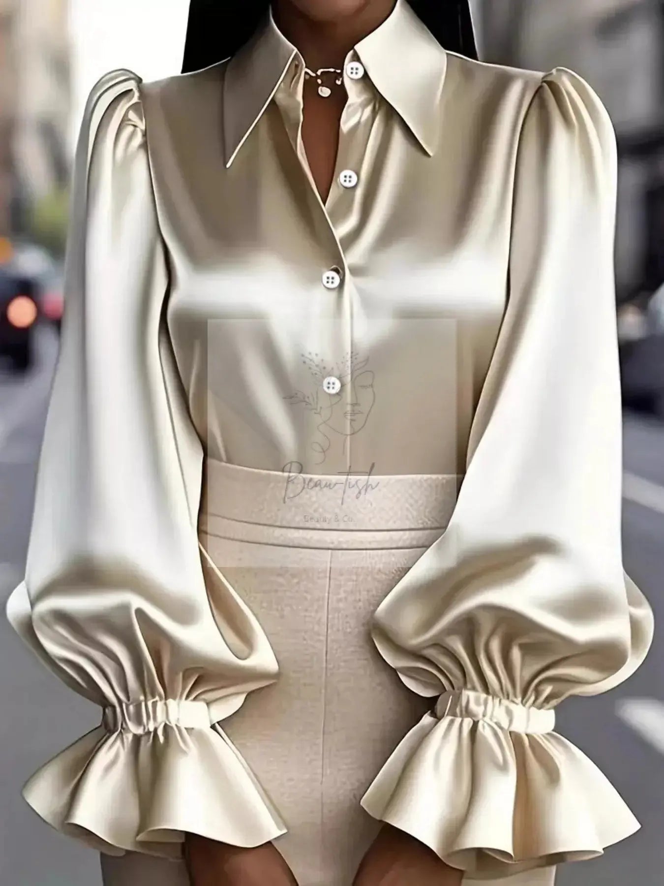 Satin Button Up Flounce Sleeve Shirt