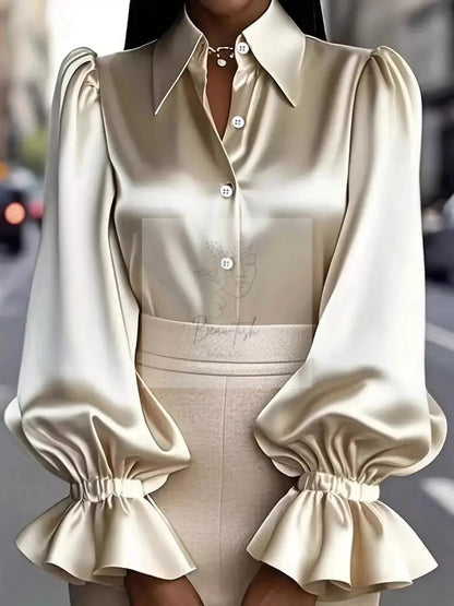 Satin Button Up Flounce Sleeve Shirt