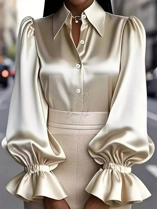 Satin Button Up Flounce Sleeve Shirt