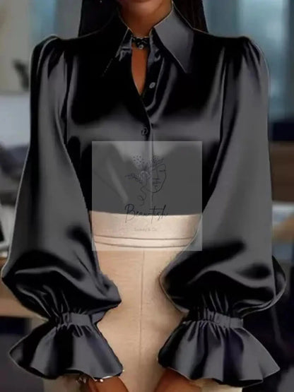 Satin Button Up Flounce Sleeve Shirt