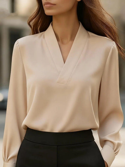Satin V-Neck Long Sleeve Blouse