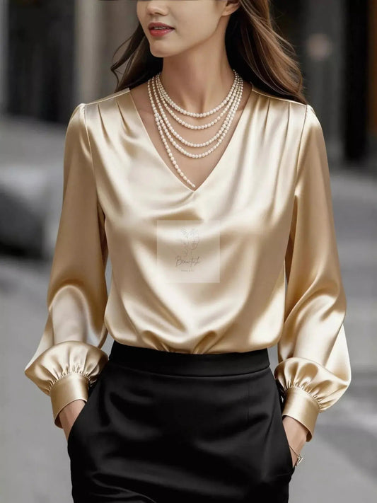 Satin V-Neck Long Sleeve Blouse
