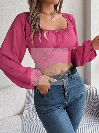 Scoop Neck Balloon Sleeve Cropped Blouse