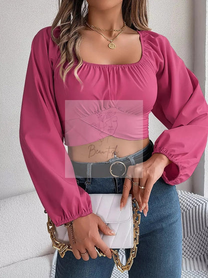 Scoop Neck Balloon Sleeve Cropped Blouse