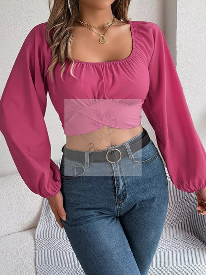Scoop Neck Balloon Sleeve Cropped Blouse