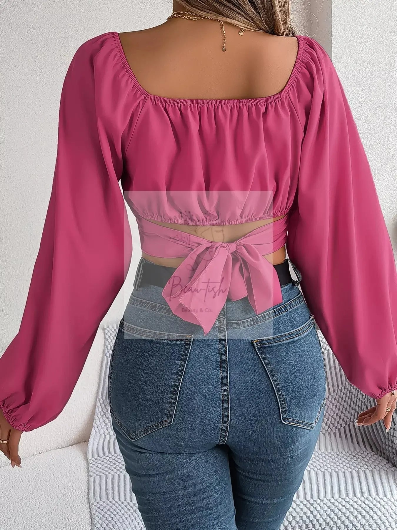 Scoop Neck Balloon Sleeve Cropped Blouse