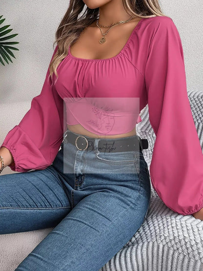 Scoop Neck Balloon Sleeve Cropped Blouse