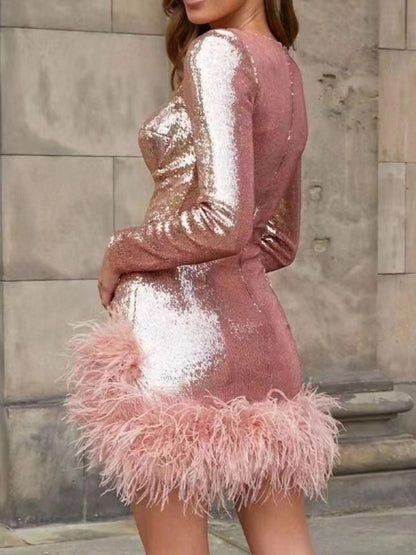 Sequin Feather Trim Mini Dress