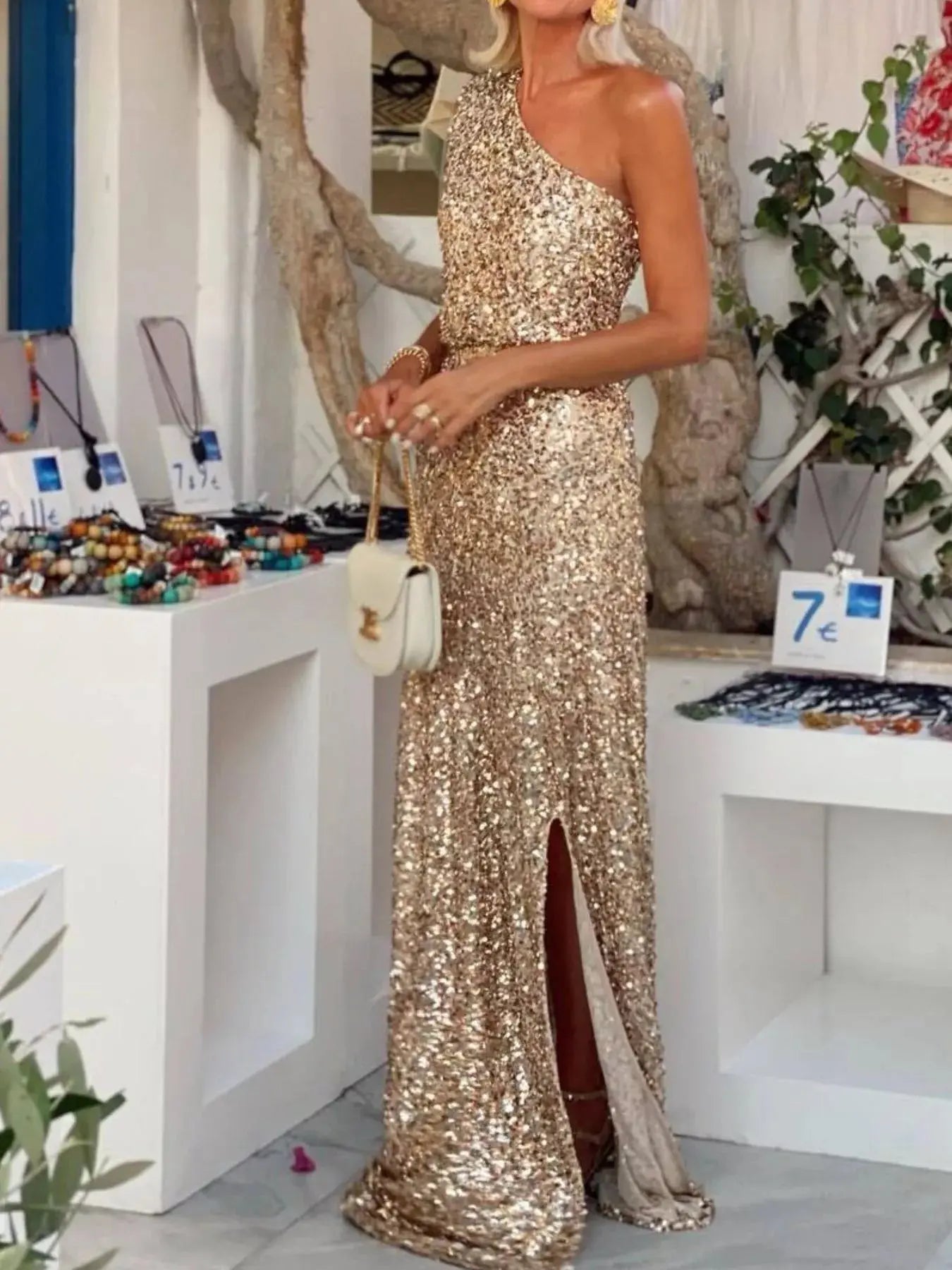 Sequin One - Shoulder Slit Maxi Dress