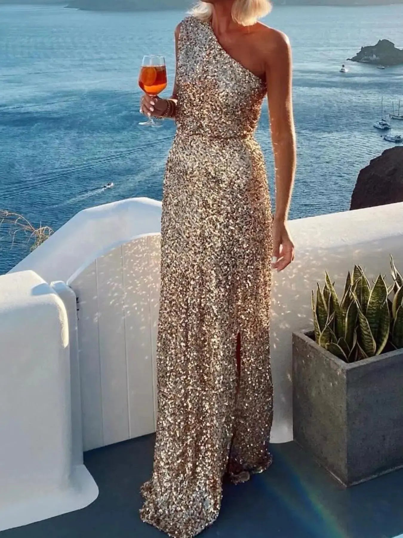 Sequin One - Shoulder Slit Maxi Dress