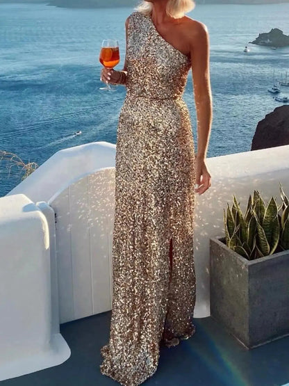 Sequin One - Shoulder Slit Maxi Dress