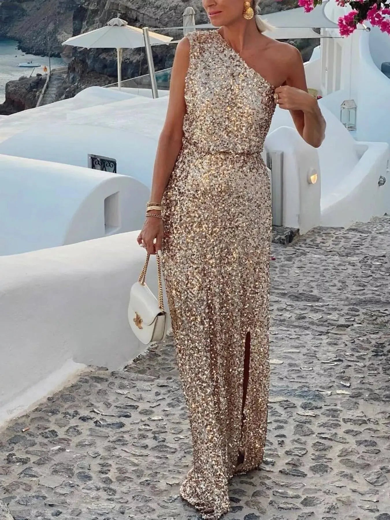 Sequin One - Shoulder Slit Maxi Dress