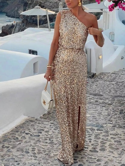 Sequin One - Shoulder Slit Maxi Dress