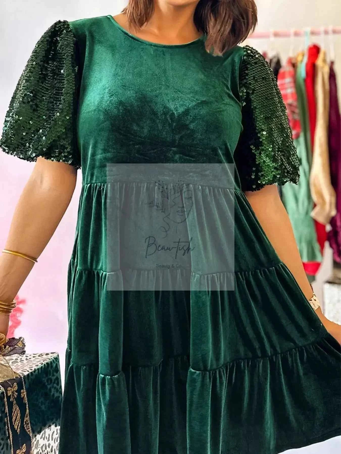 Sequin Puff Sleeve High Waist Tiered Velvet Mini Dress