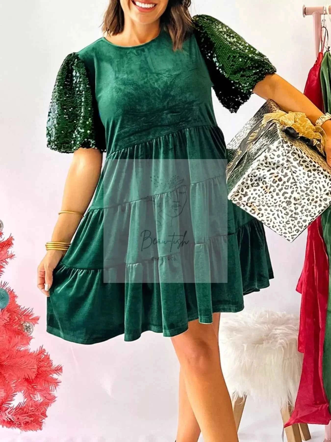 Sequin Puff Sleeve High Waist Tiered Velvet Mini Dress