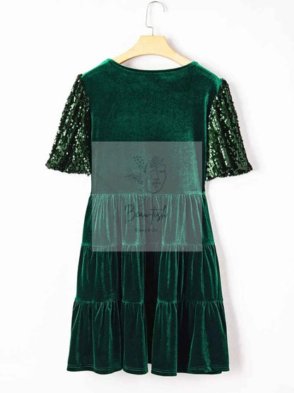 Sequin Puff Sleeve High Waist Tiered Velvet Mini Dress
