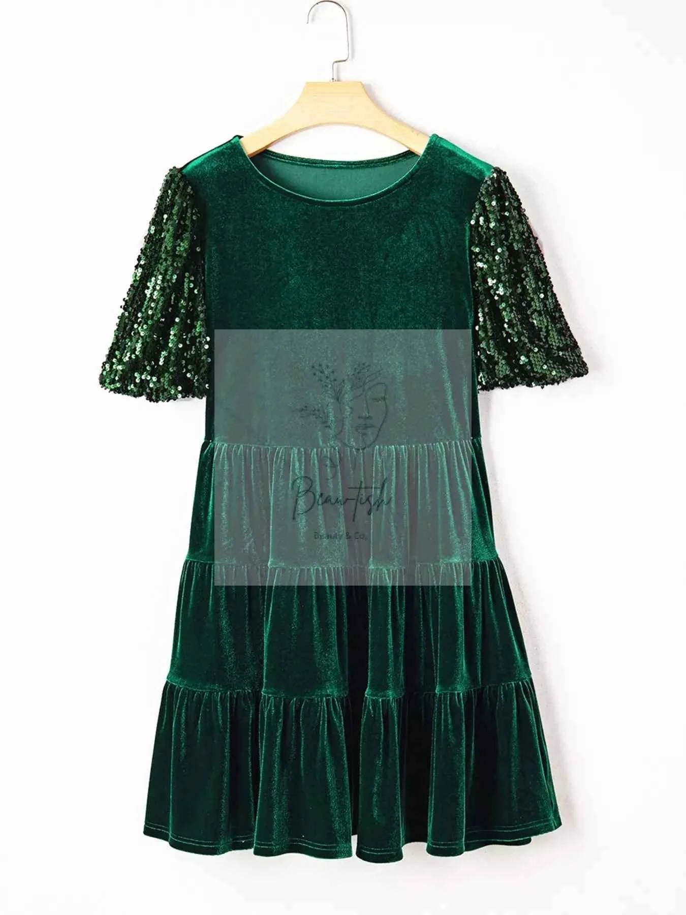 Sequin Puff Sleeve High Waist Tiered Velvet Mini Dress