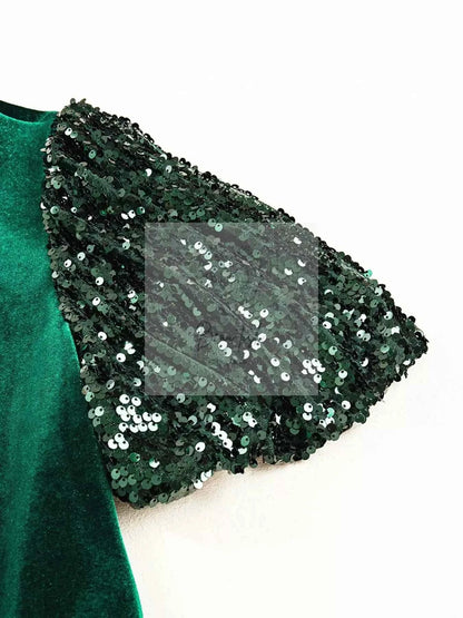 Sequin Puff Sleeve High Waist Tiered Velvet Mini Dress