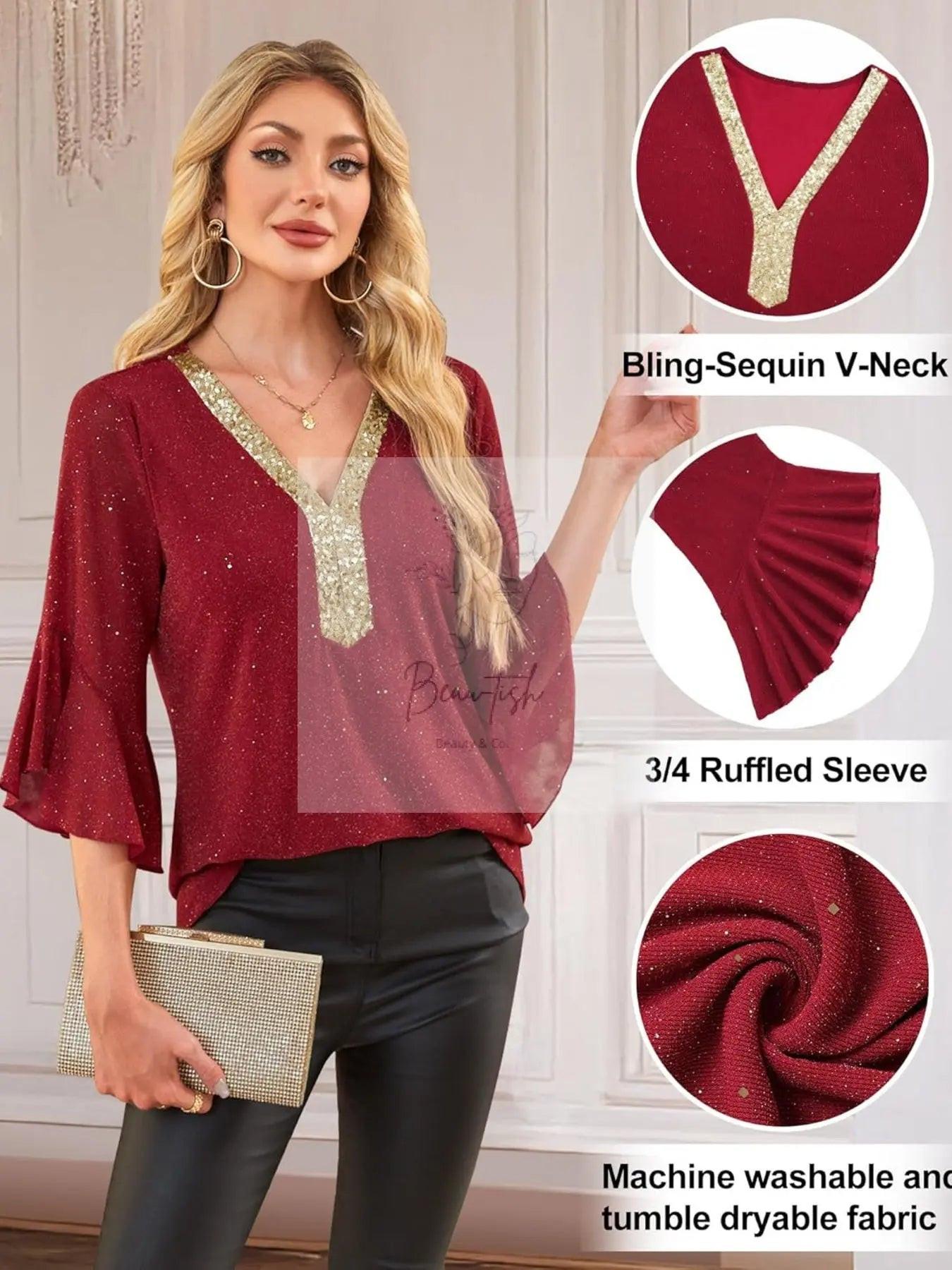 Sequin V-Neck Flounce Sleeve Blouse