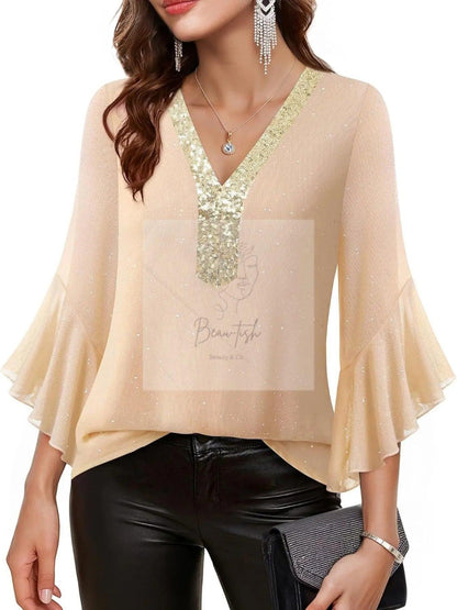 Sequin V-Neck Flounce Sleeve Blouse