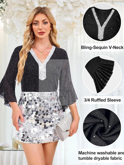 Sequin V-Neck Flounce Sleeve Blouse
