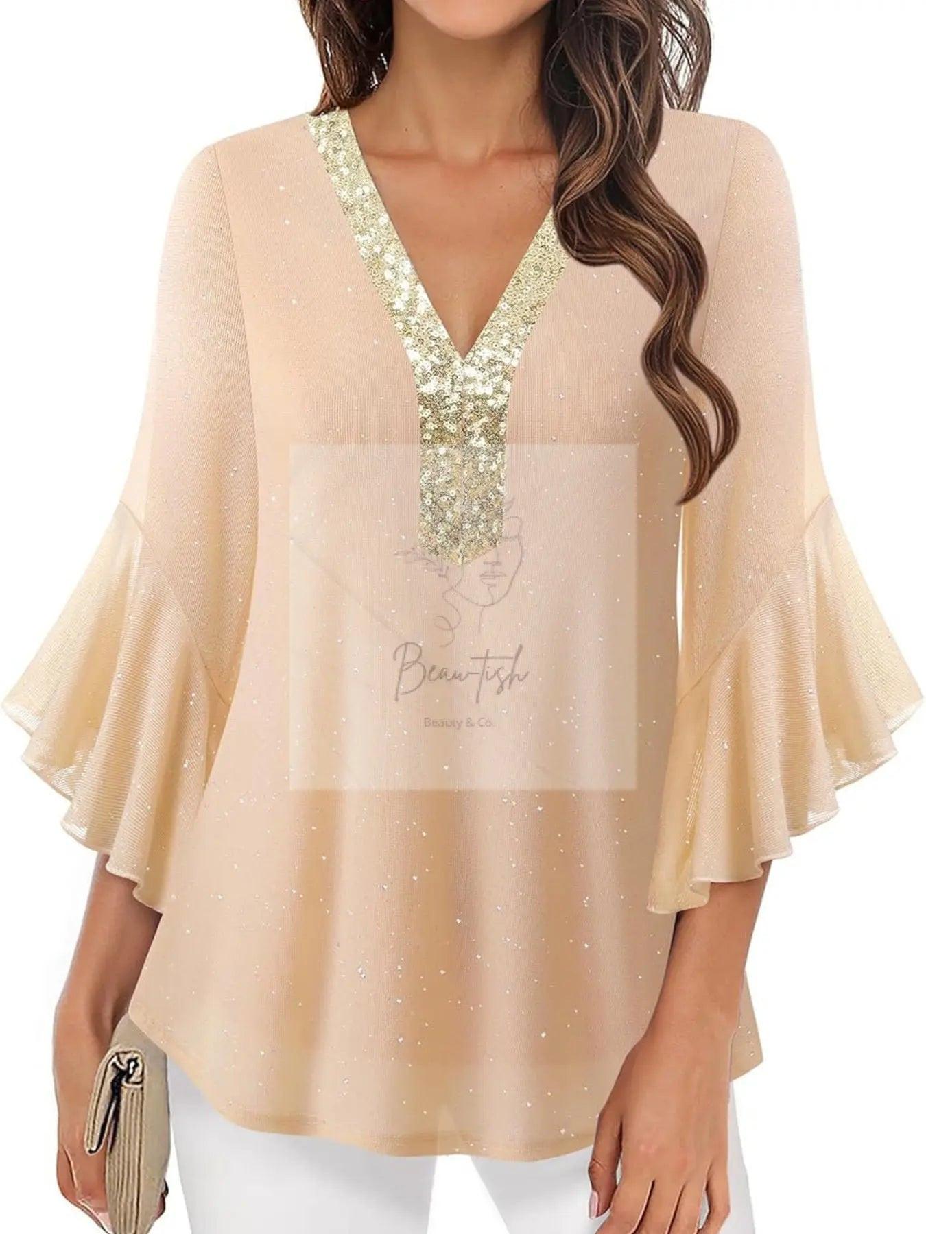 Sequin V-Neck Flounce Sleeve Blouse