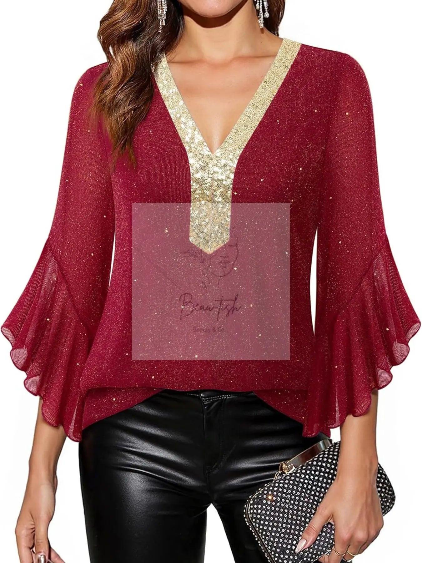 Sequin V-Neck Flounce Sleeve Blouse