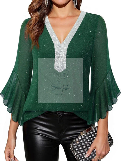 Sequin V-Neck Flounce Sleeve Blouse