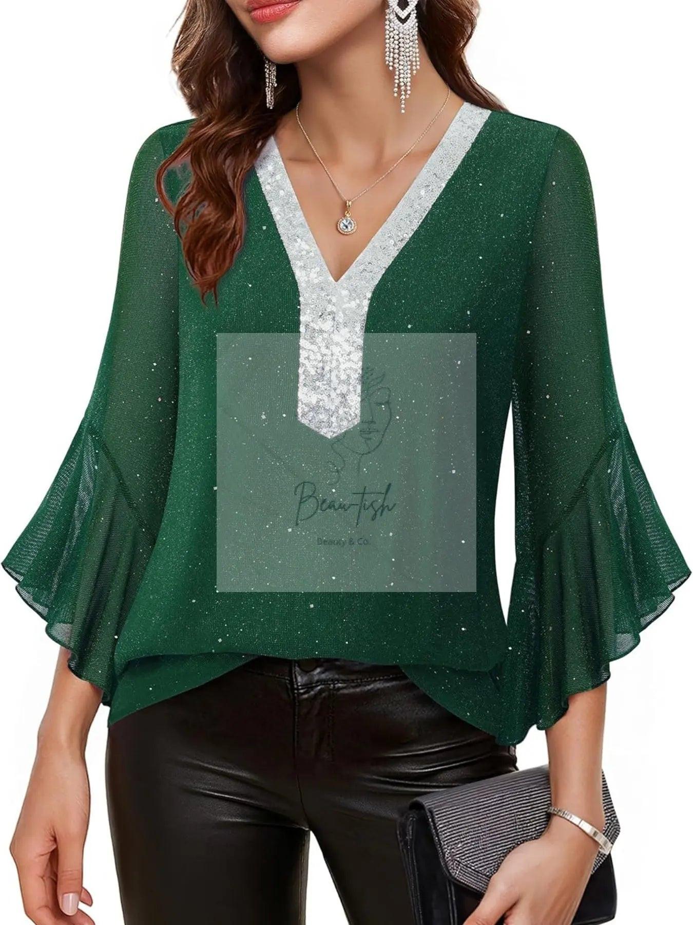 Sequin V-Neck Flounce Sleeve Blouse