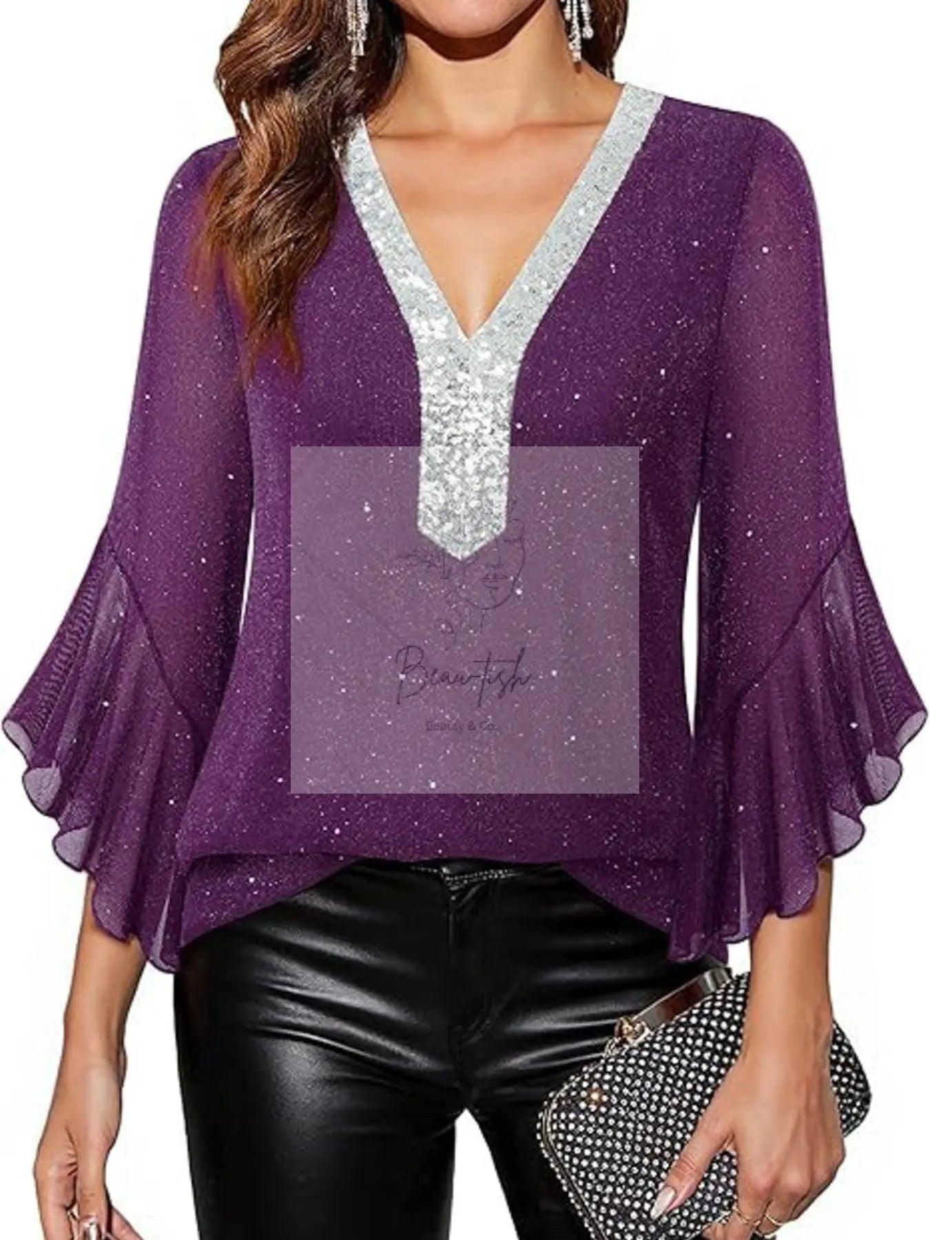 Sequin V-Neck Flounce Sleeve Blouse