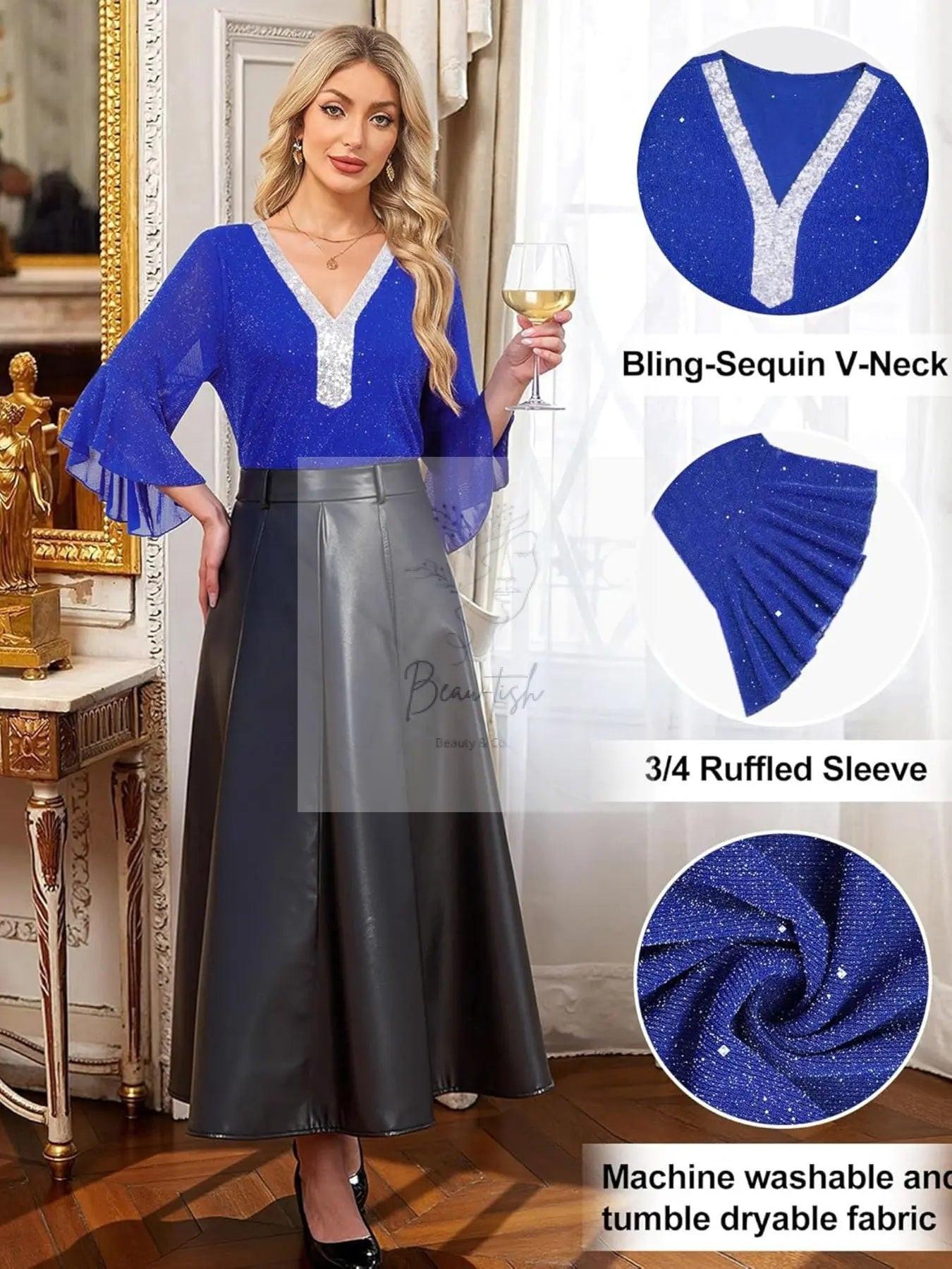 Sequin V-Neck Flounce Sleeve Blouse