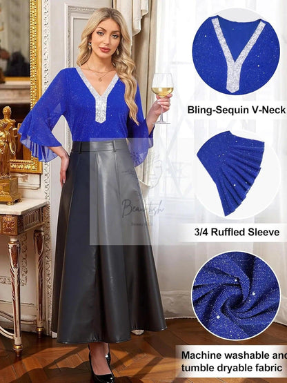 Sequin V-Neck Flounce Sleeve Blouse