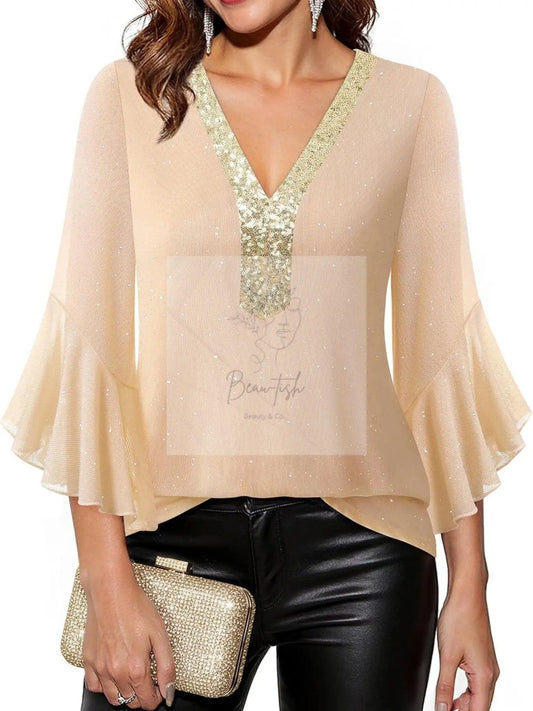 Sequin V-Neck Flounce Sleeve Blouse