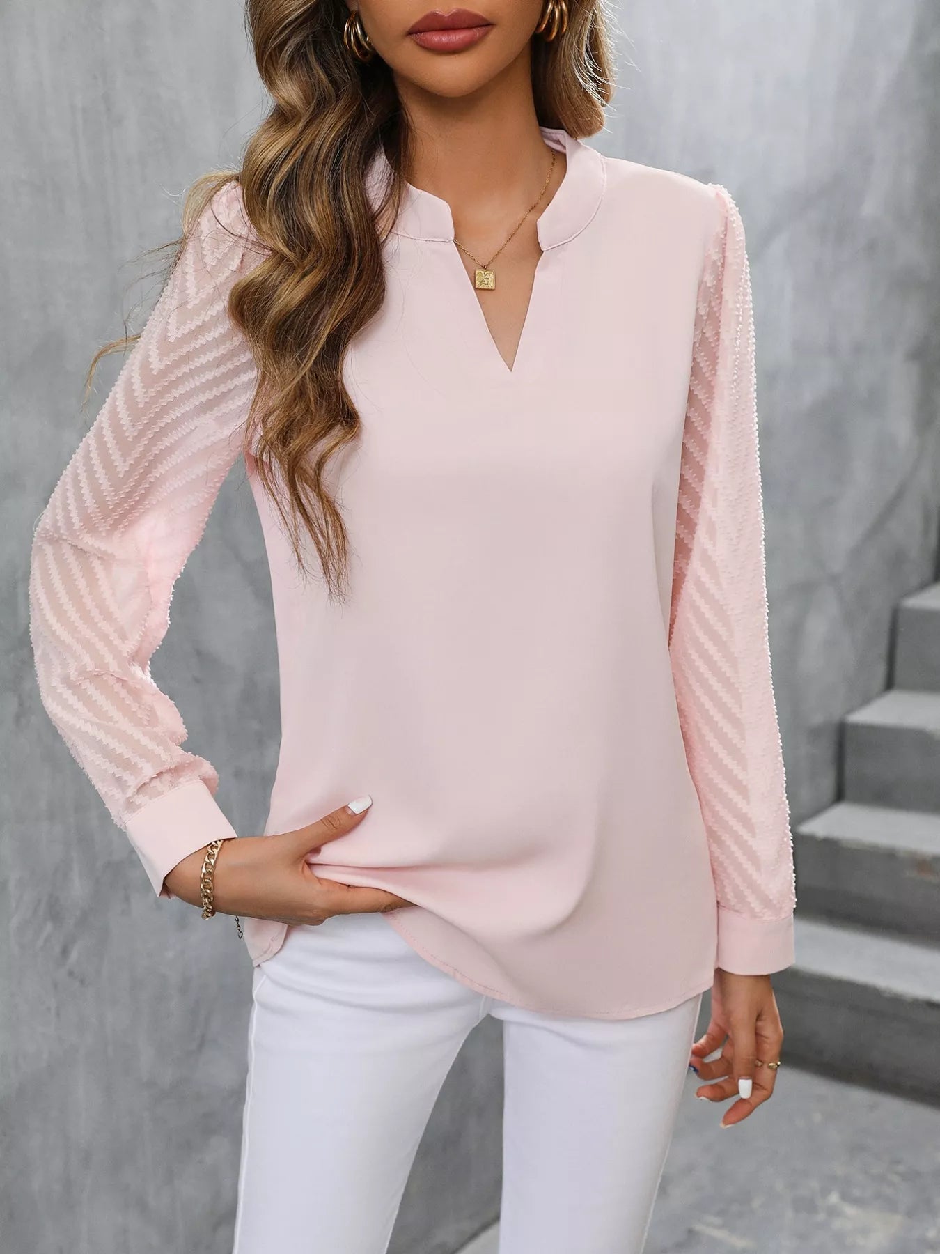 Sheer Sleeve V-Neck Blouse