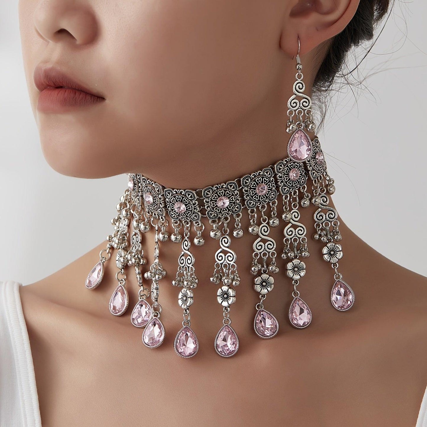 Shiny Round Artificial Crystals And Multiple Water Drop-Shaped Artificial Crystals, with Ethnic, Indian, And Kazakhstan Styles