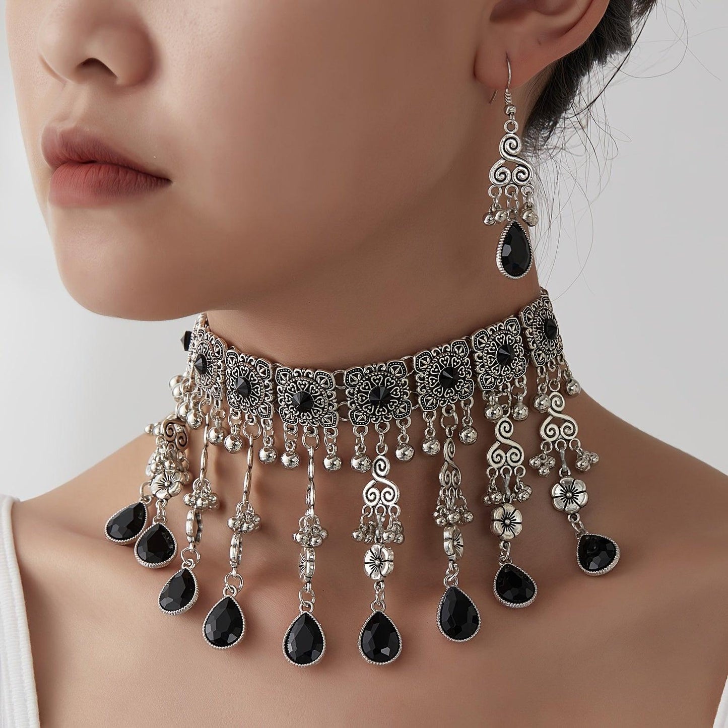 Shiny Round Artificial Crystals And Multiple Water Drop-Shaped Artificial Crystals, with Ethnic, Indian, And Kazakhstan Styles